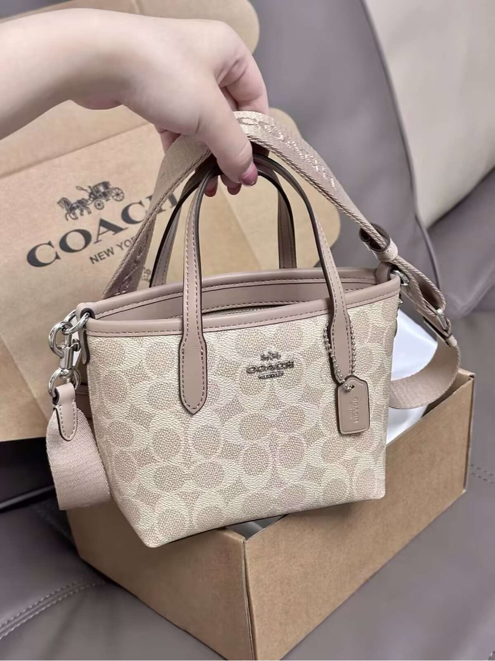 Coach Mini Tote in Beige Canvas with Blush Trim